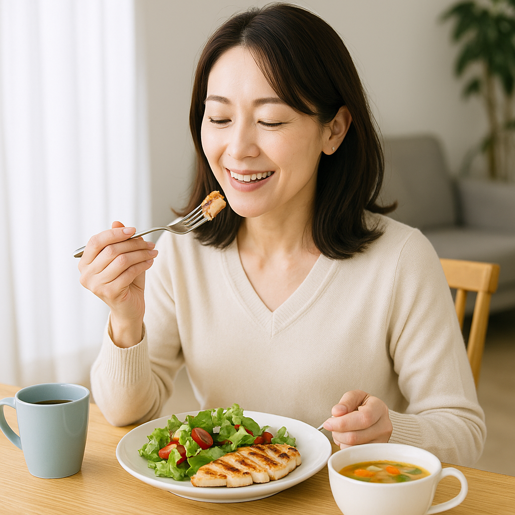 野菜とチキンのプレートを楽しそうに食べる40代女性