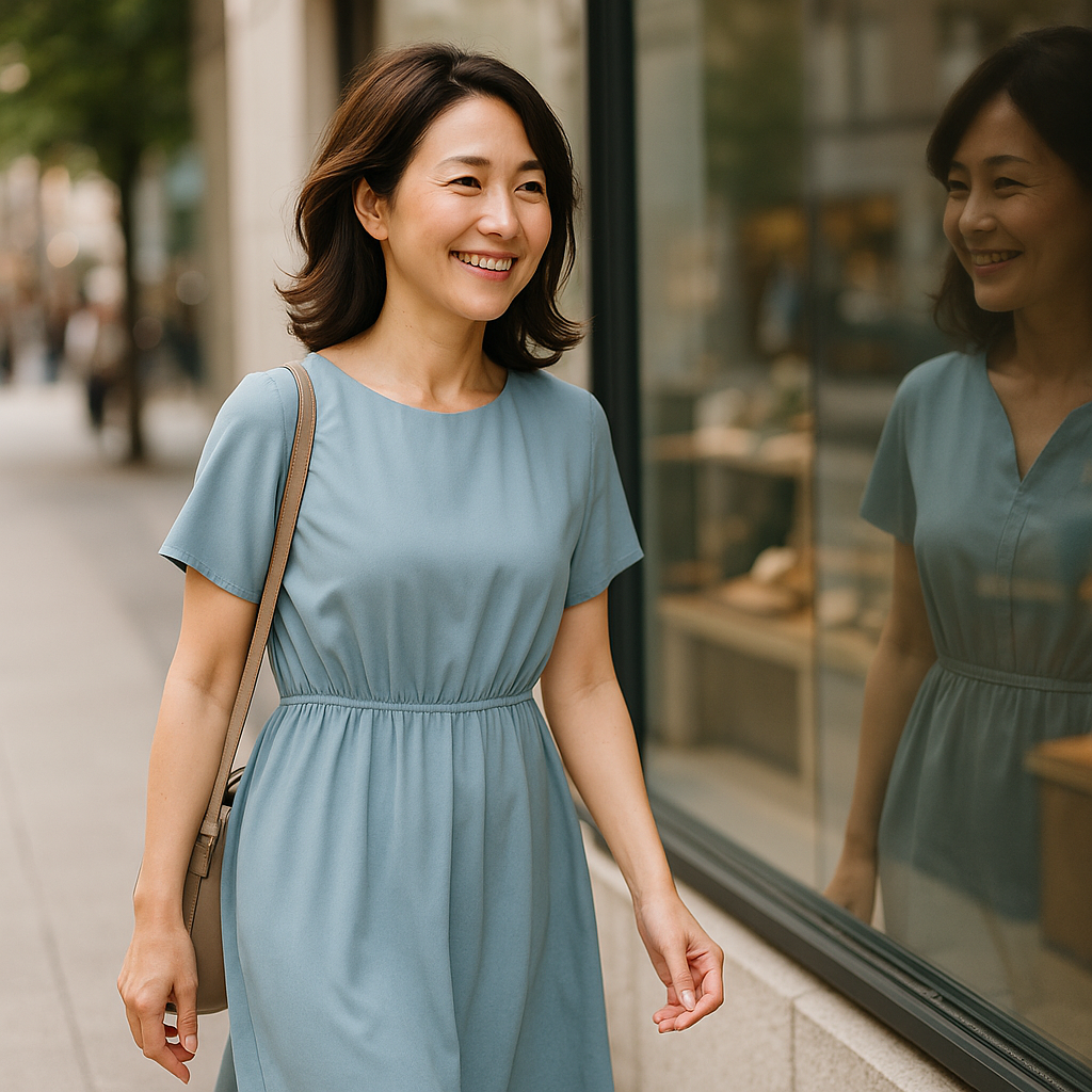 青色ワンピースを着て街を歩く40代きれいめ女性のスナップ