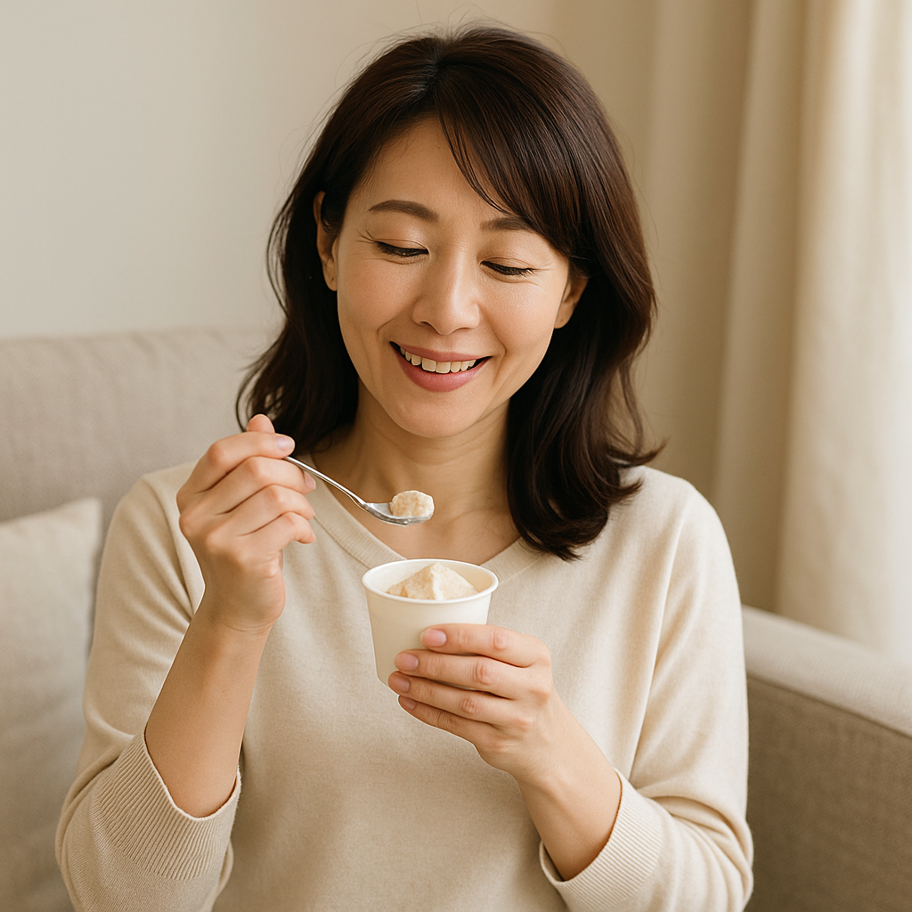 スプーンでアイスをすくって食べる40代きれいめ女性の食事シーン