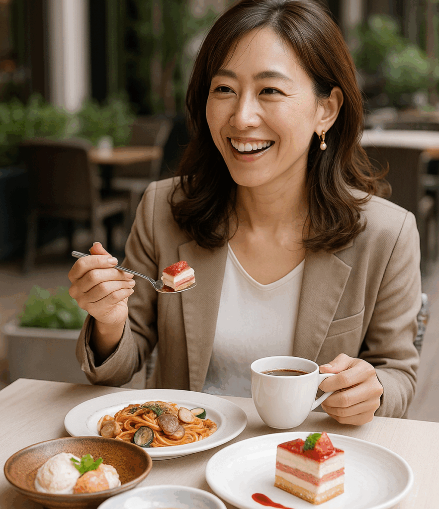 パスタとケーキを笑顔で食べる40代きれいめ女性