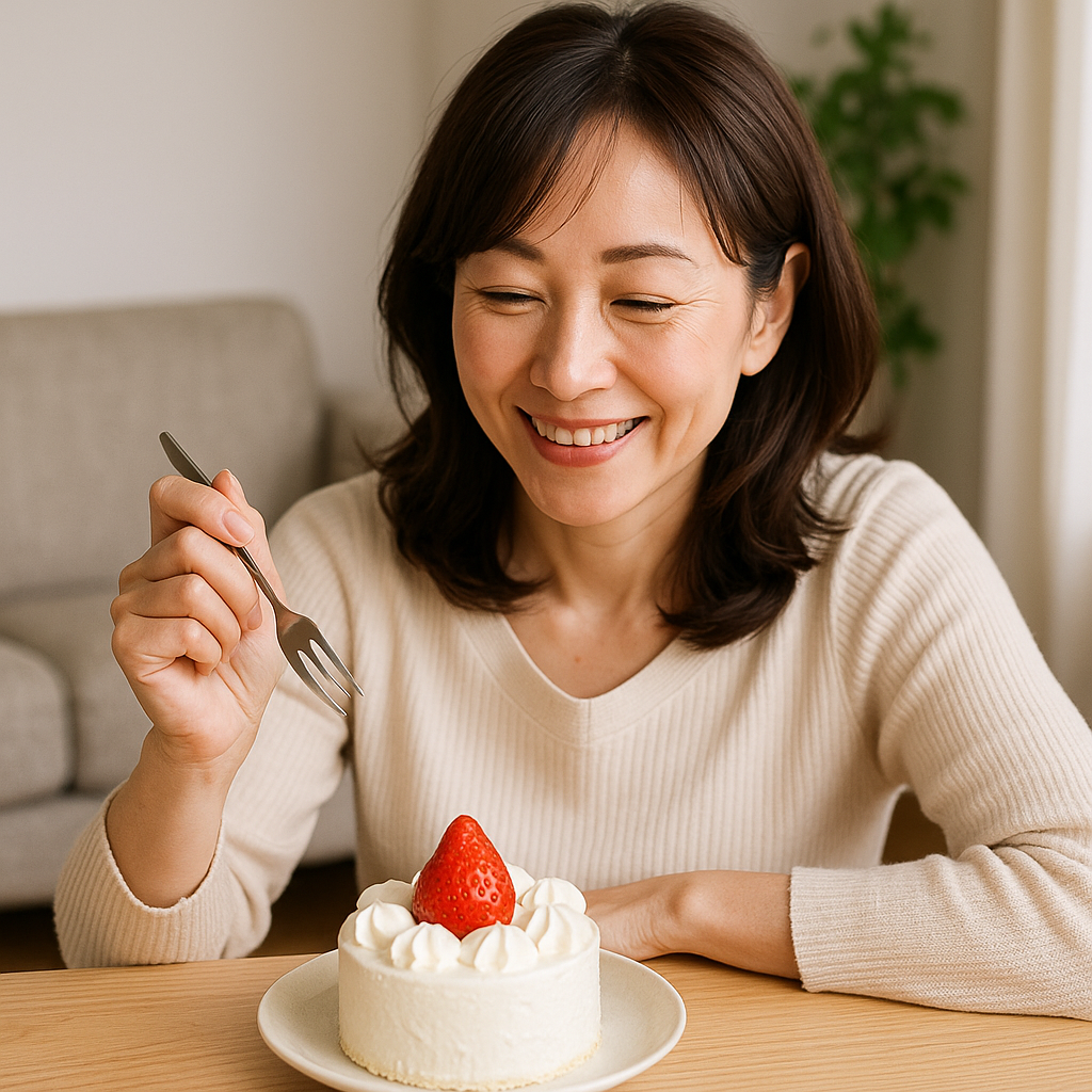 ショートケーキを食べようとしている女性