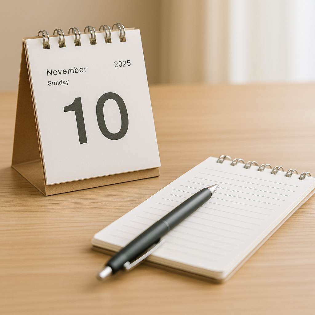10日のカレンダーと白いメモ帳、ペンが置かれたシンプルなデスク