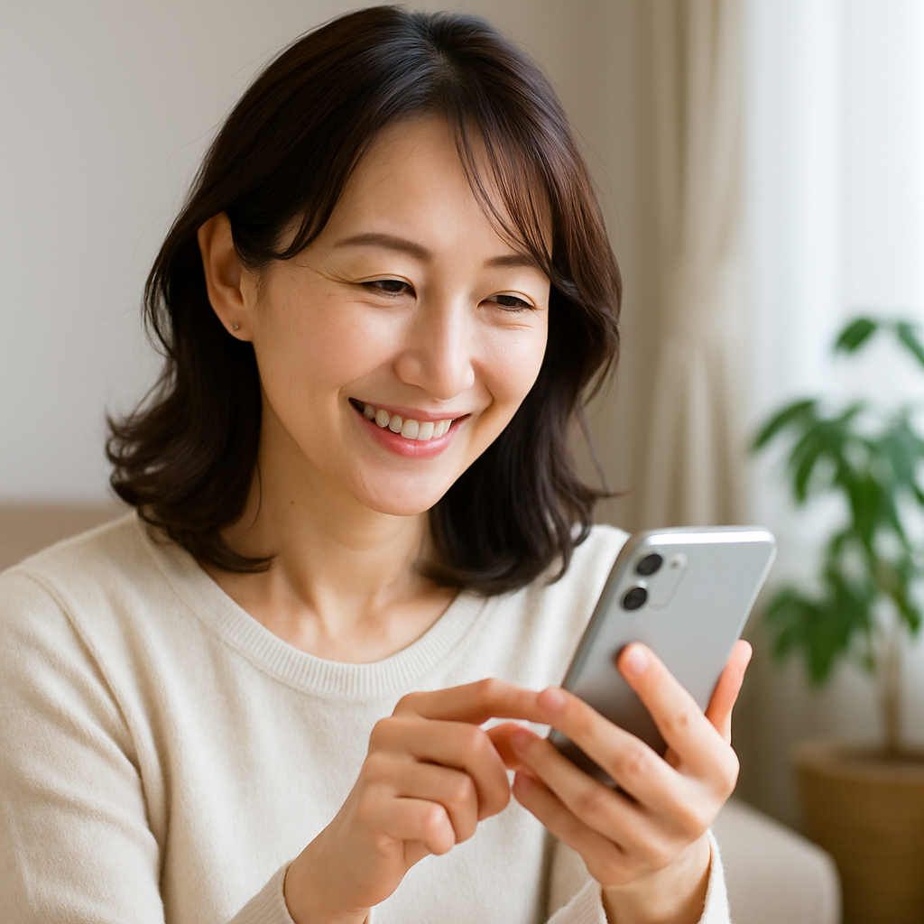 スマートフォンを操作しながら微笑む40代きれいめ女性