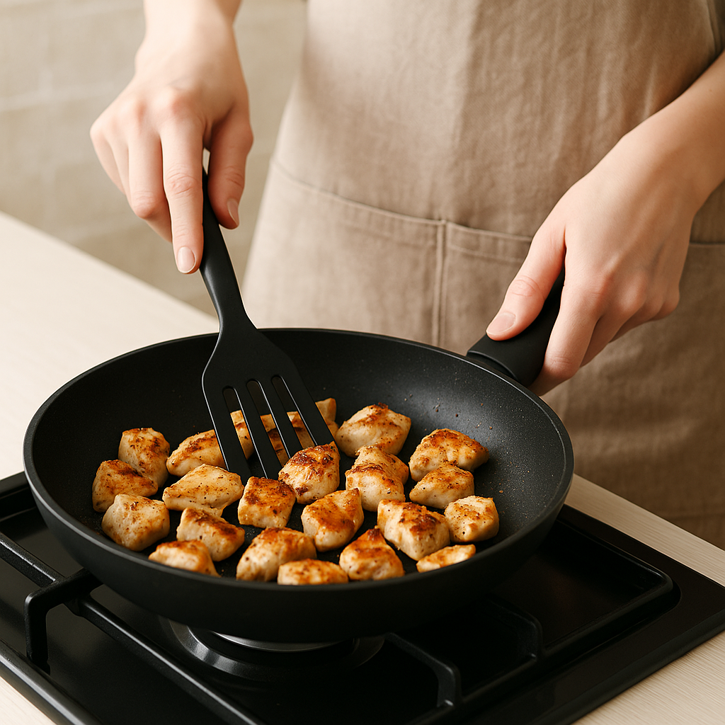 テフロンフライパンで鶏肉を油なし調理する40代女性の手元