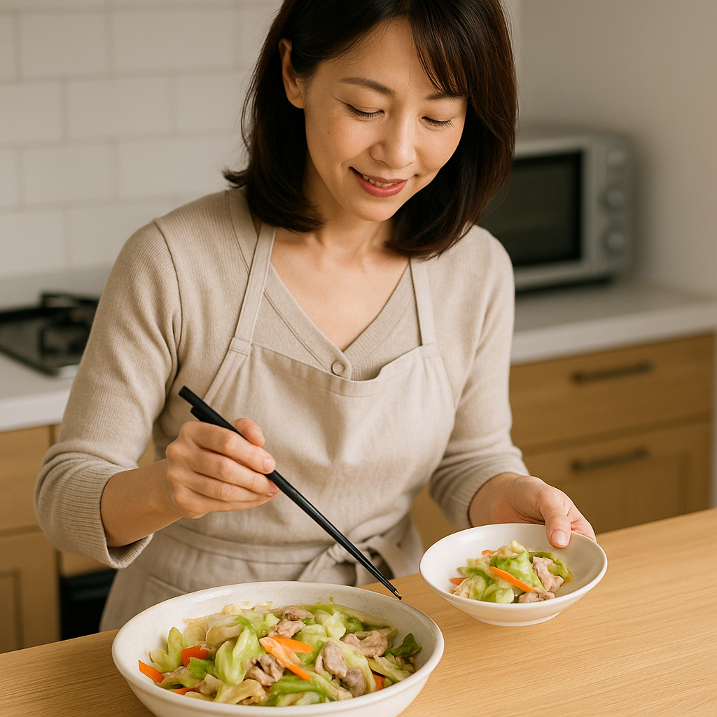 野菜炒めを取り分ける女性