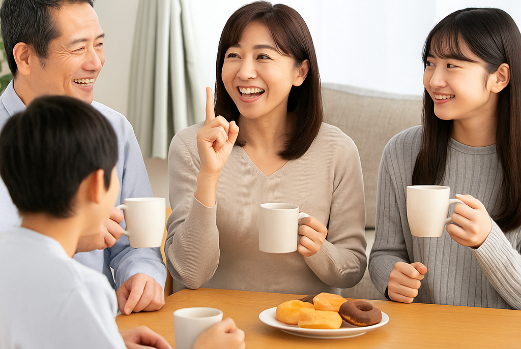 テーブルのスイーツを囲んで笑顔で談笑する家族の写真