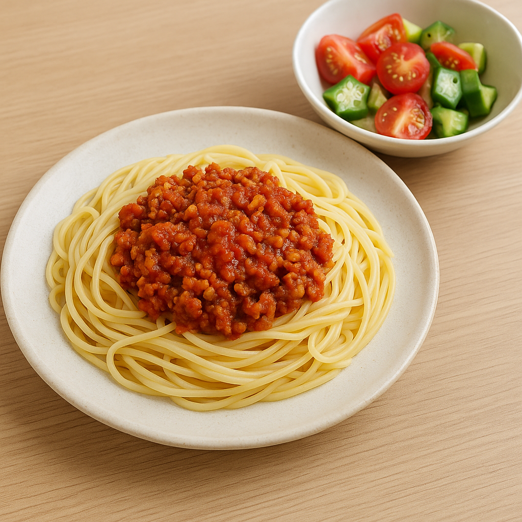 ソイミートのミートソースパスタと、トマトとオクラのサラダを合わせたヘルシーランチ