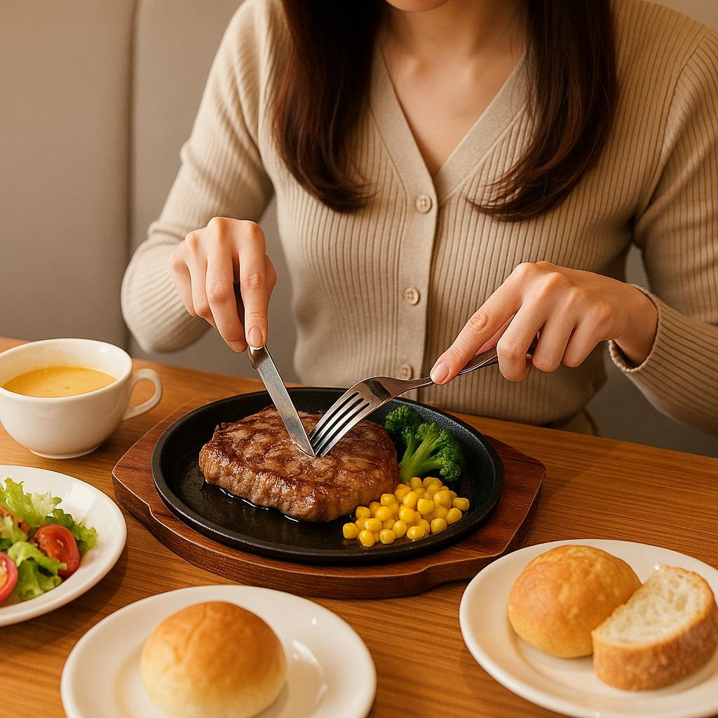 チートデイの食事が並ぶテーブルを前に笑顔で座る40代女性