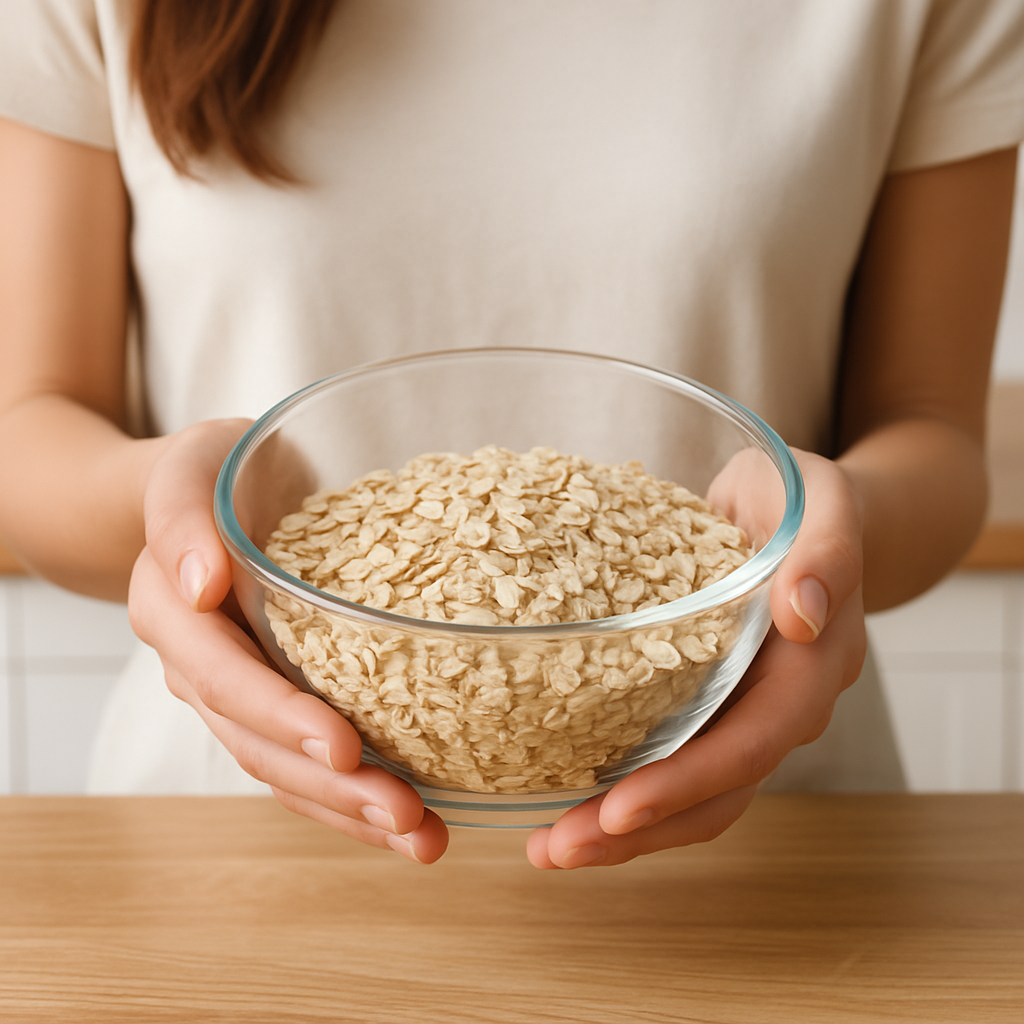 女性がオートミールの入った透明ボウルを両手で持っている写真