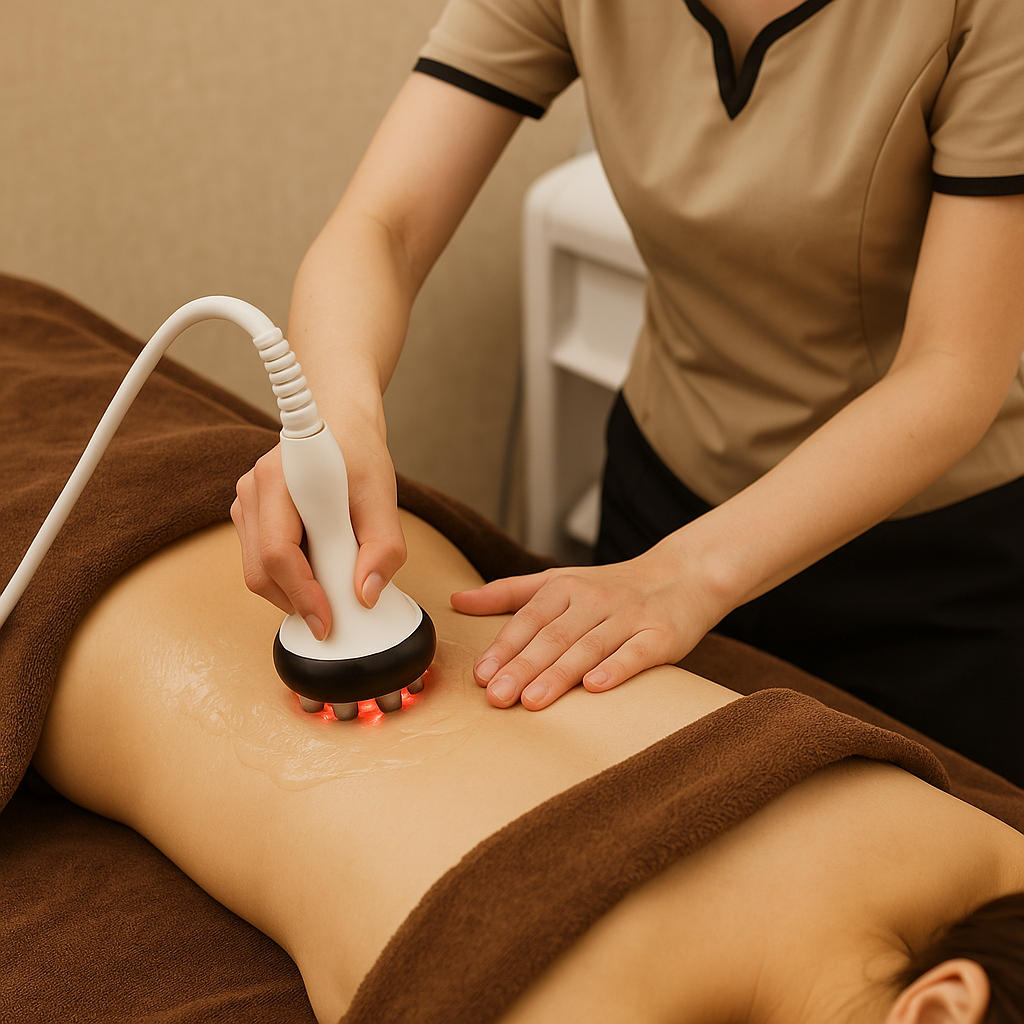 ハイパーナイフを片手で当て、もう片方の手でジェルを伸ばして施術する様子