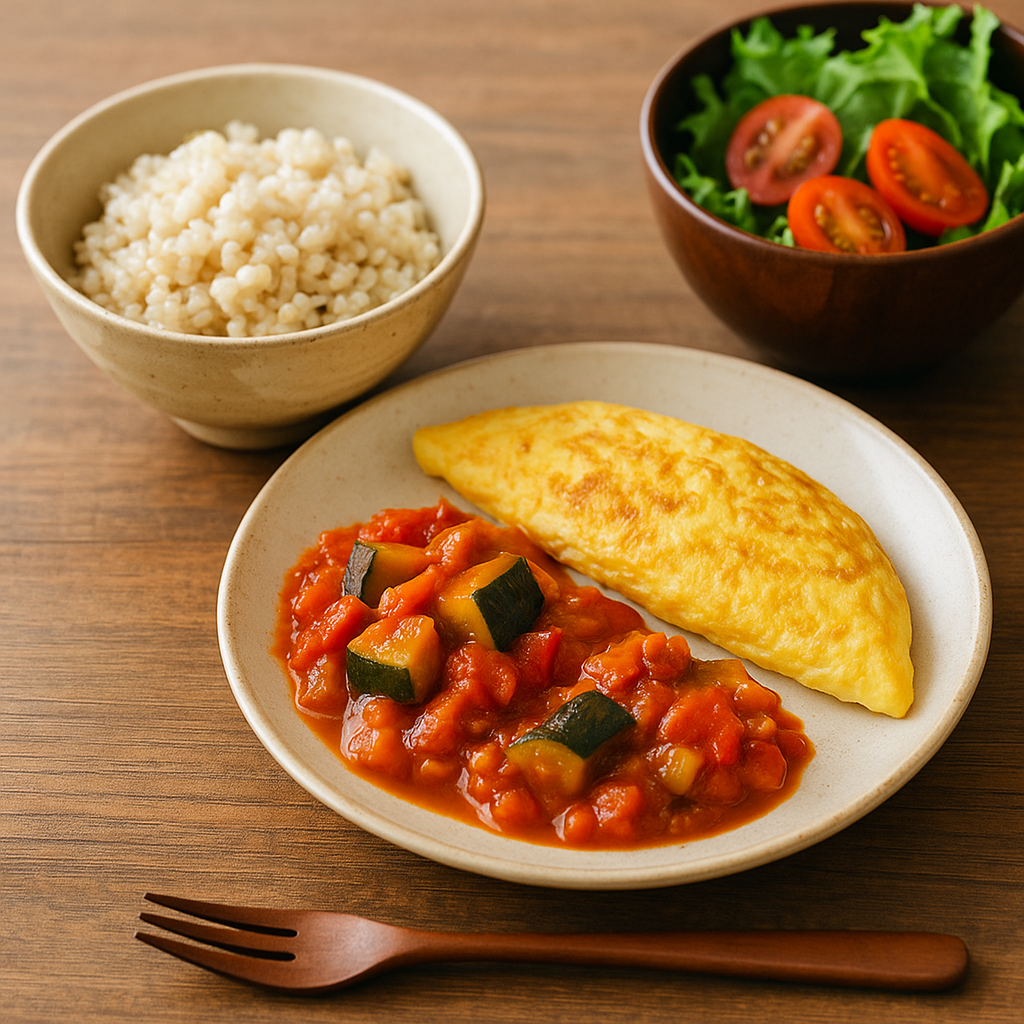 ラタトゥイユとふわふわオムレツ、玄米をお皿に盛ったヘルシーな洋定食