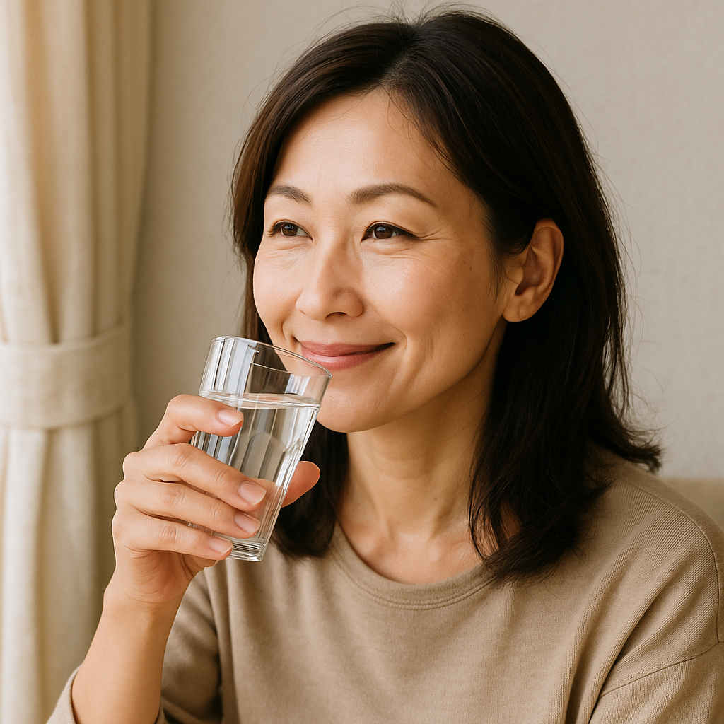 水分補給をする40代きれいめ女性がほんのり笑顔でコップの水を飲む様子