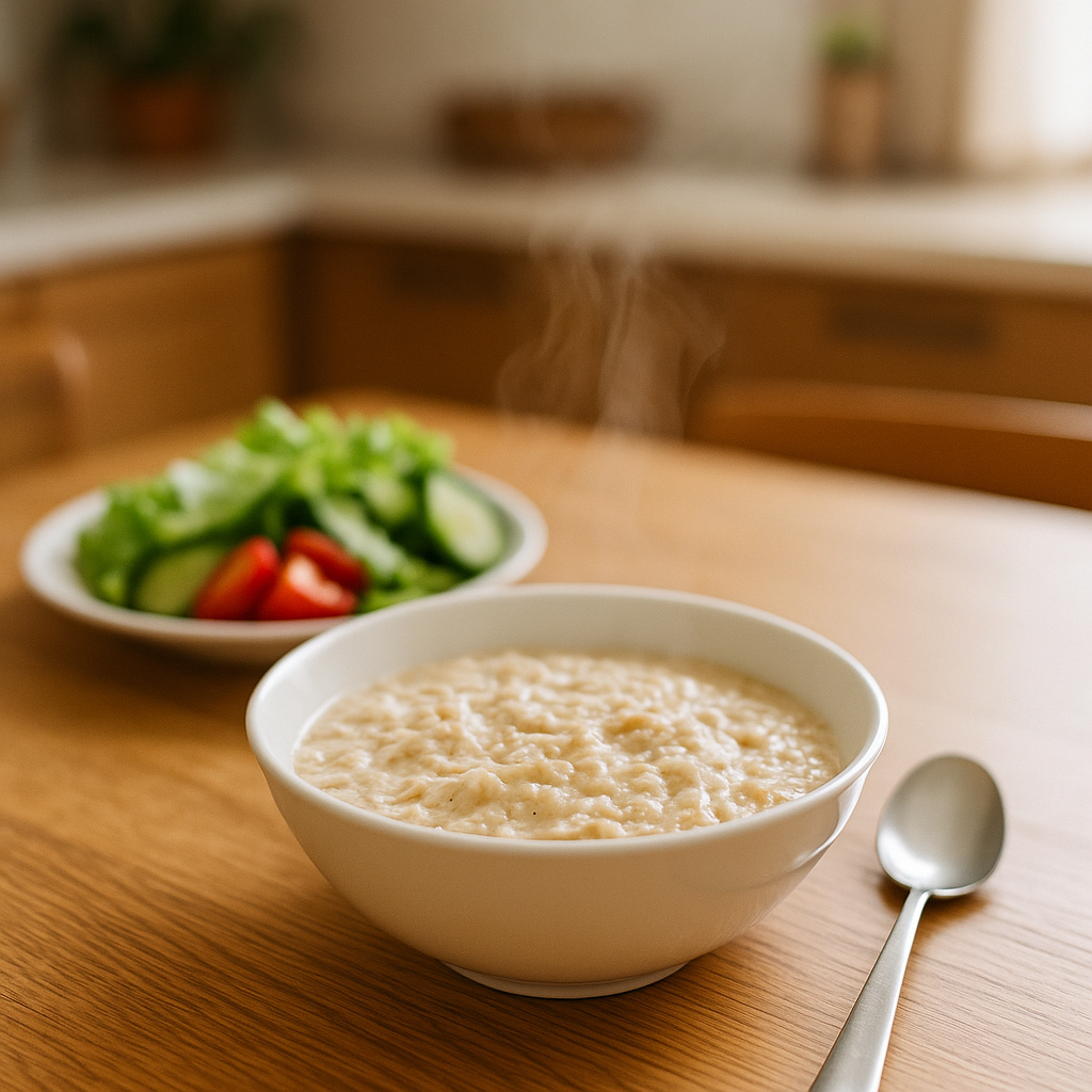 テーブルに置かれたオートミールリゾットとサラダの写真