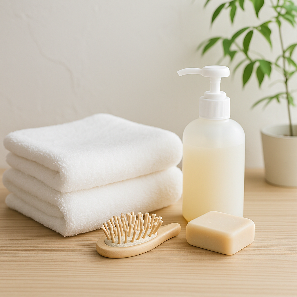 脱衣所に並べられた白いタオルとブラシ、石けん、透明ボトル入りシャンプーの小物セット