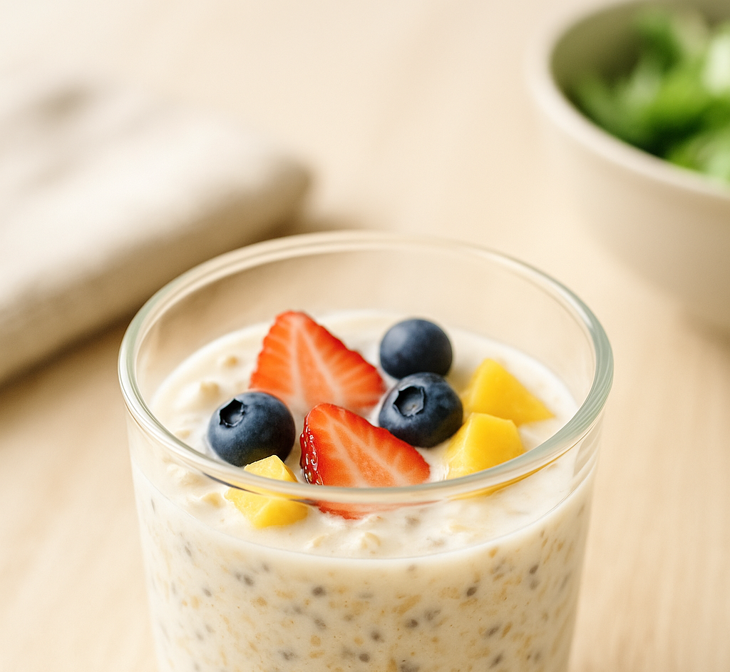 フルーツをトッピングしたオーバーナイトオーツの写真