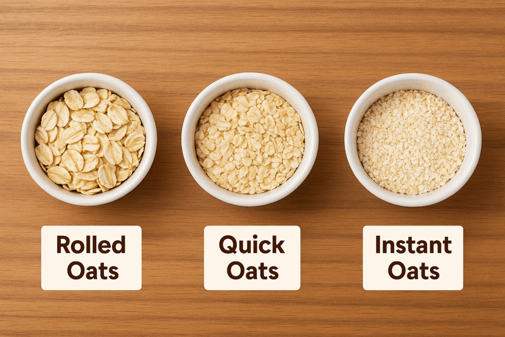 ロールドオーツ・クイックオーツ・インスタントオーツを小さなボウルに入れて並べた比較写真