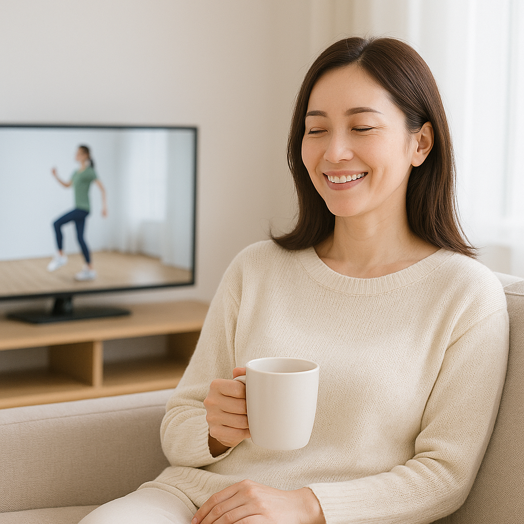 テレビで運動、でもくつろいでる女性
