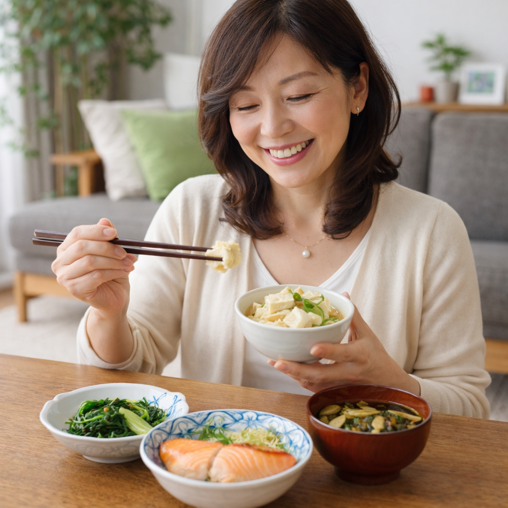 50代主婦が自宅で和食（煮物・焼き鮭・お浸し・味噌汁）を楽しそうに食べている様子。
