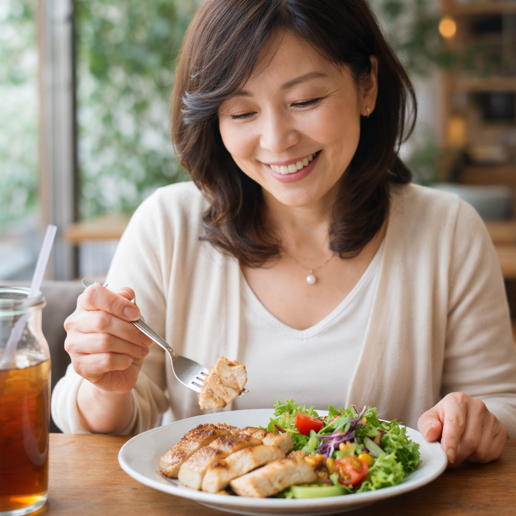 カフェで50代のきれいめ女性が、グリルチキンとサラダのプレートをフォークで食べている