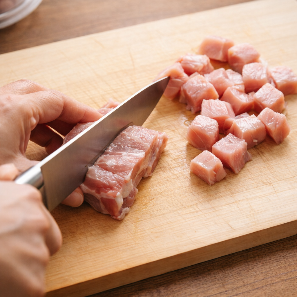 まな板の上でブロック肉を包丁で切り分けている手元のクローズアップ。