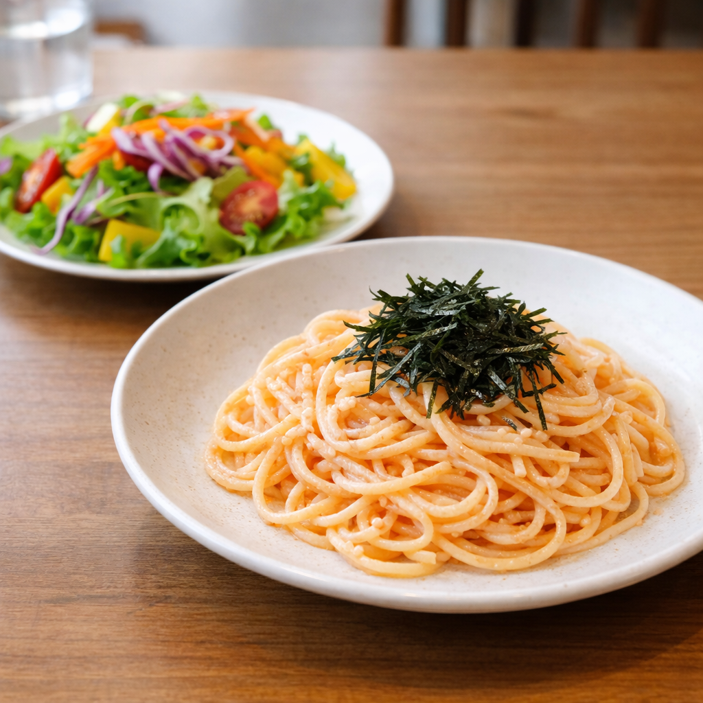 たらこパスタとサラダ