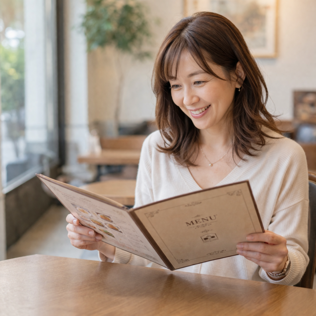 カフェメニューを笑顔で見る女性